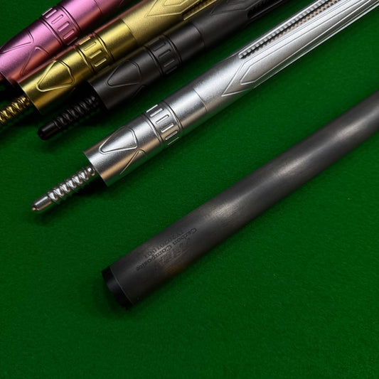 YFEN pool cue detail view showing T700 carbon fiber texture and precision 3/8 joint