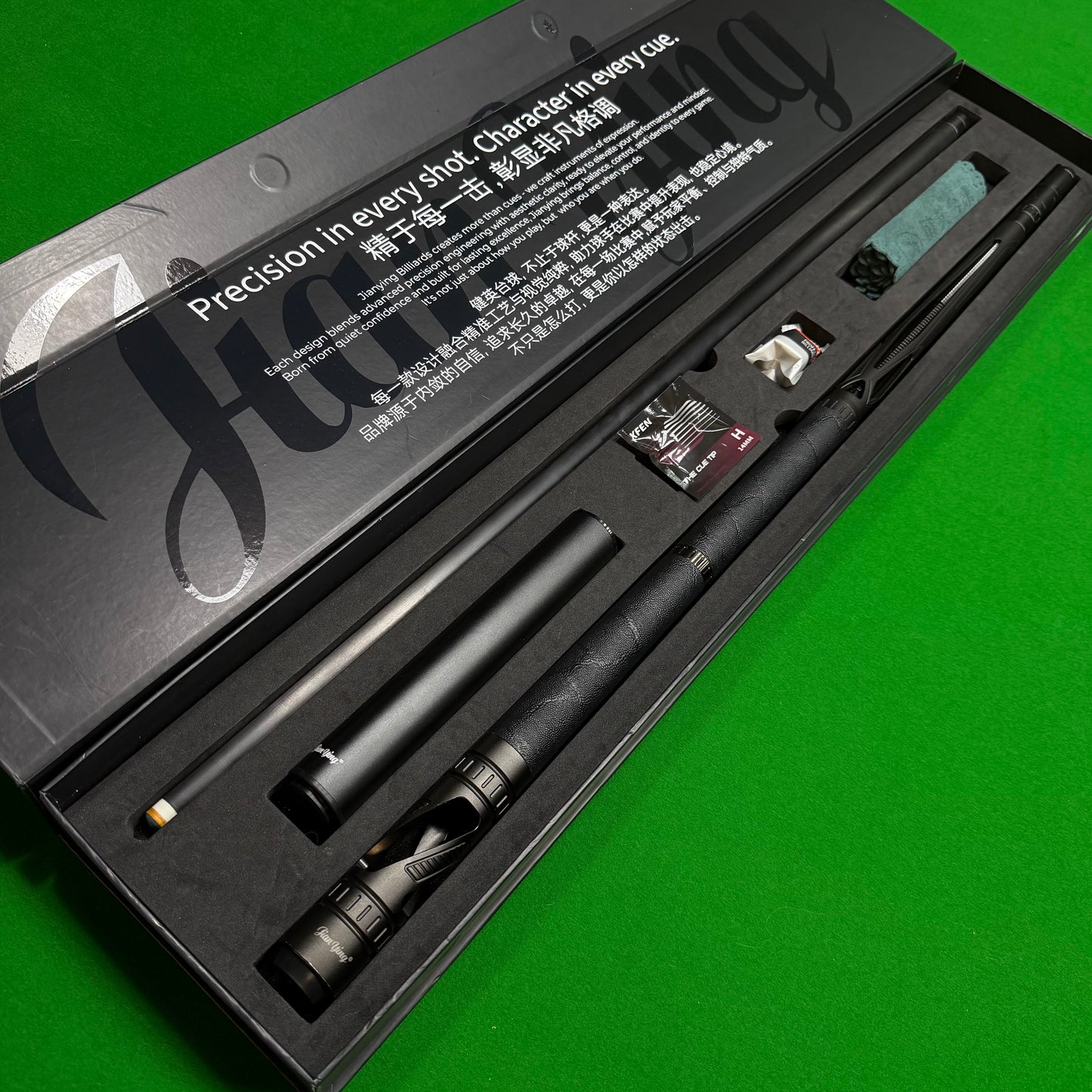 YFEN hard-shell cue case interior view - fits 2 cues plus accessories