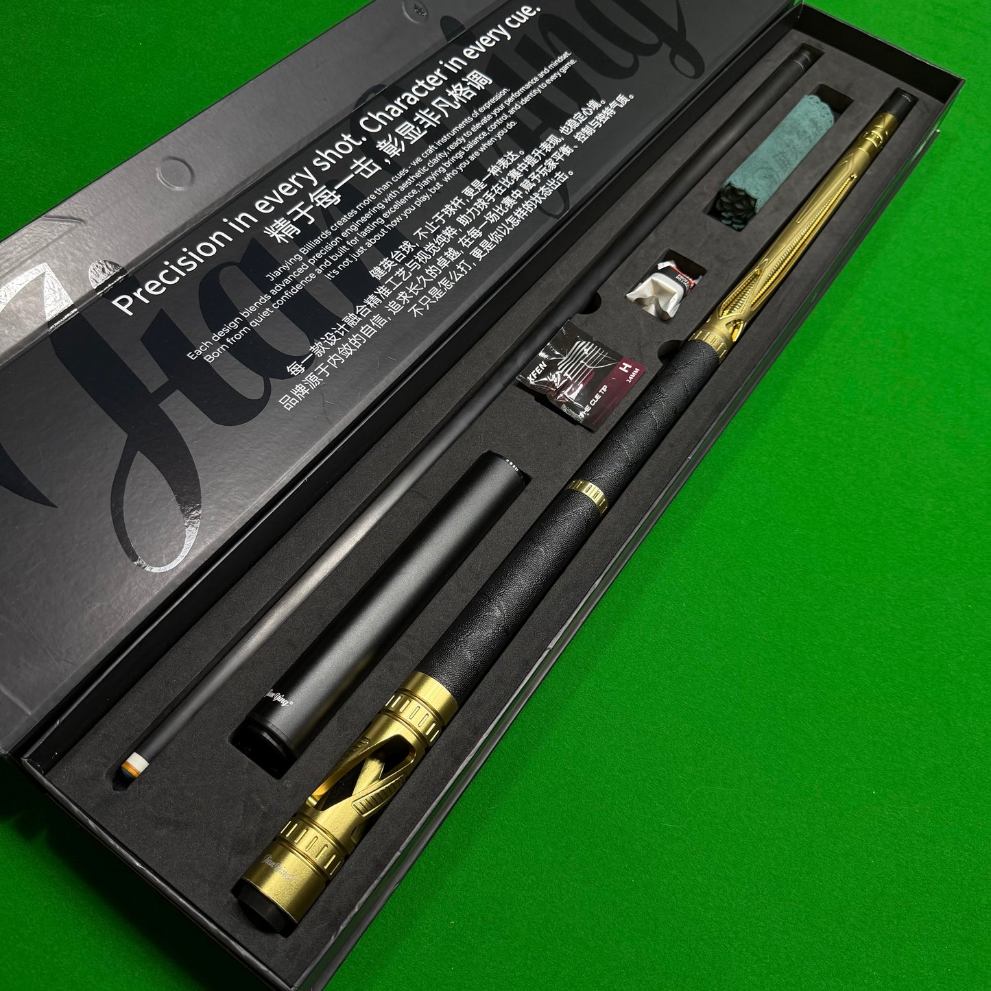 YFEN carbon fiber pool cue in playing position - professional grade performance